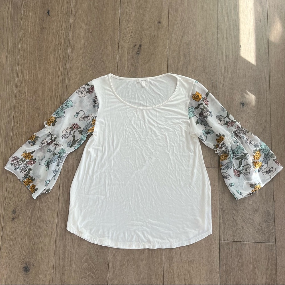 Maurices Small White Blouse, Sheer Floral Bell Sleeves